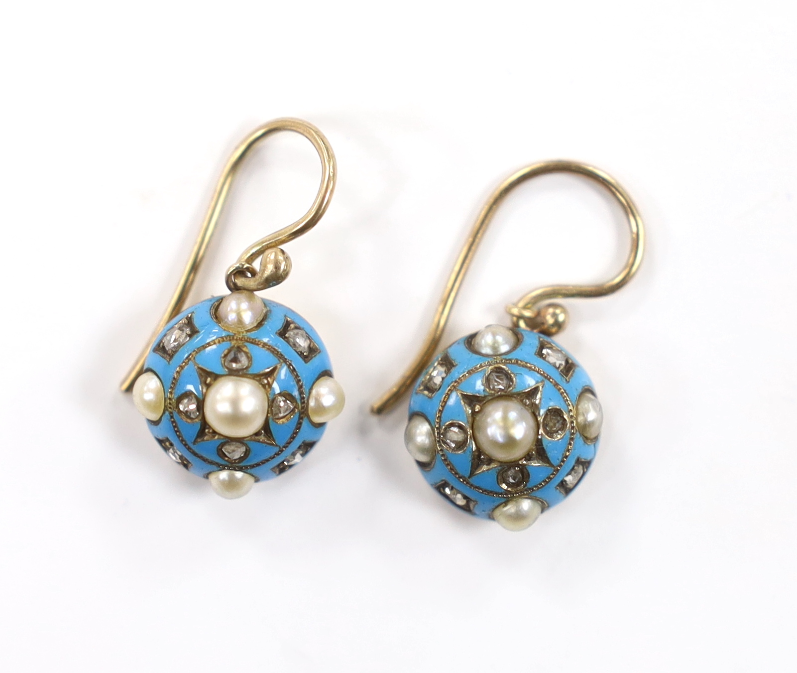 A pair of Victorian yellow metal and blue enamel drop earrings, set with diamond chips and split pearls, boxed, 25mm high
